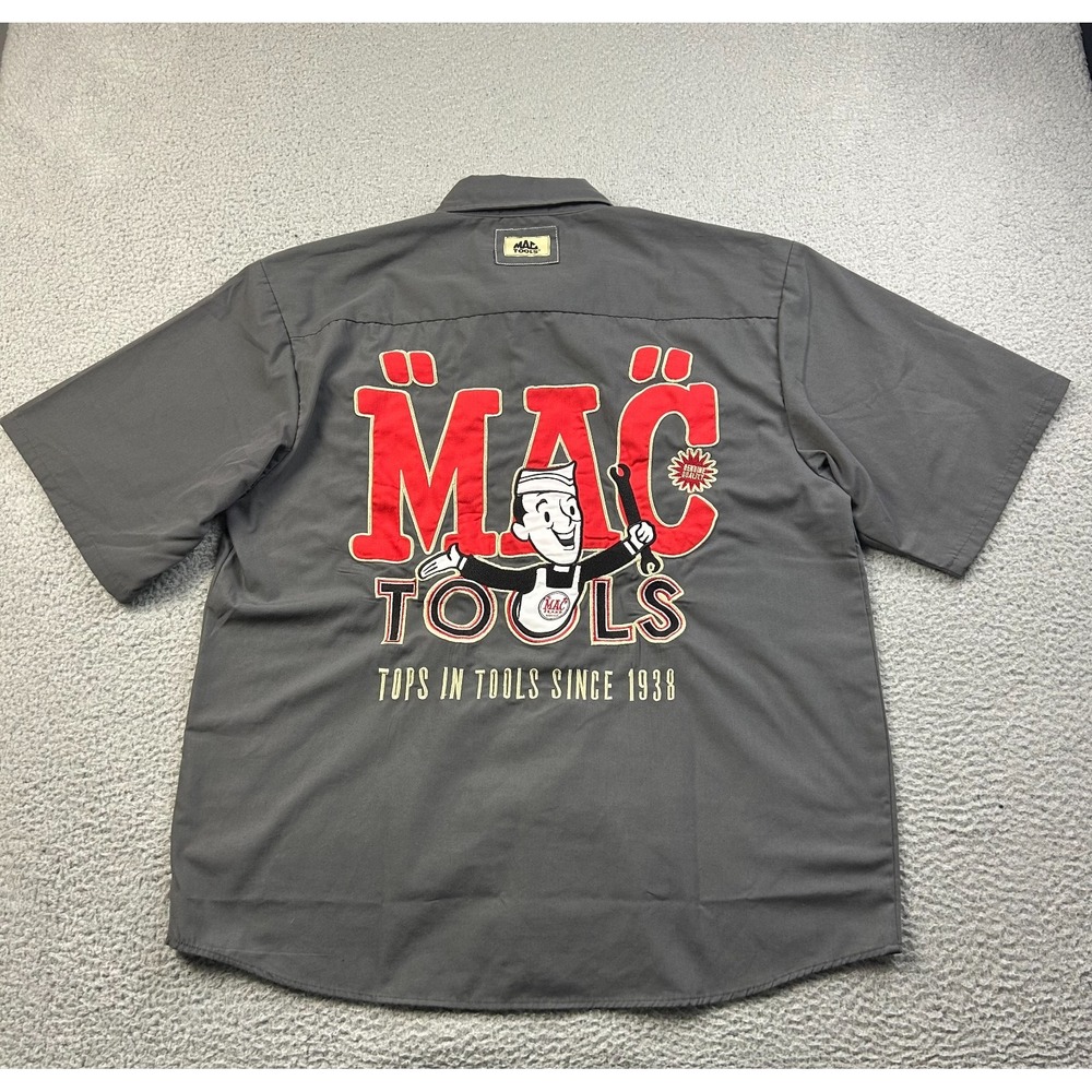 MAC Tools Shirt Mens XL Gray Short Sleeve Button Up Retro Embroidered